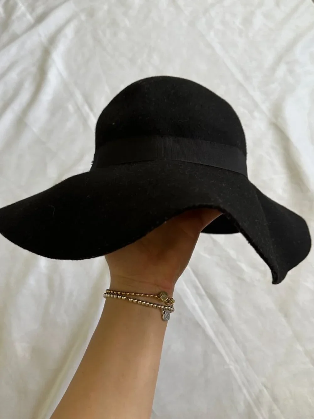 Black Felt Wide Brim Floppy Hat Women's Classic Ribbon Fedora Boho